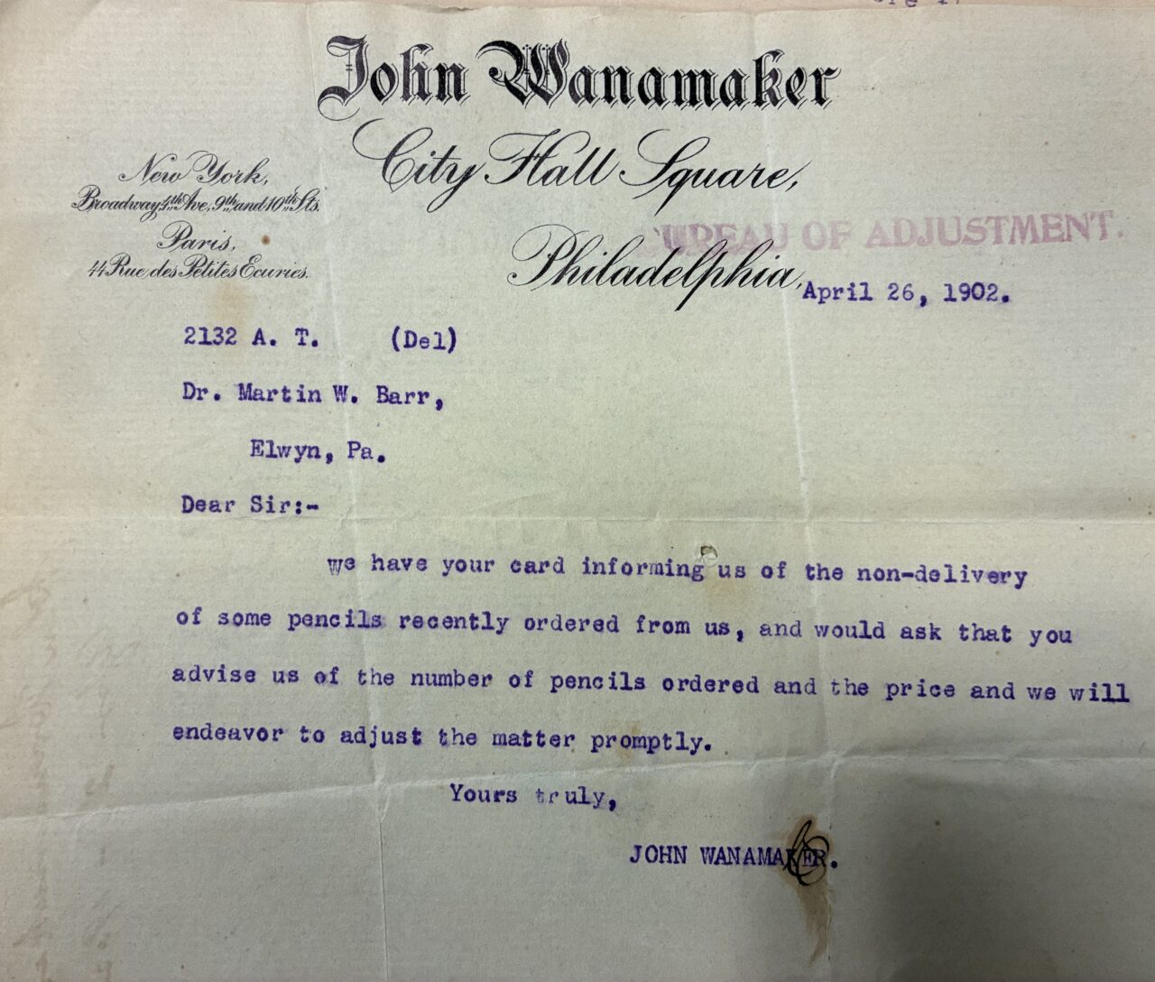 1902 letter from John Wanamaker to Dr. Martin W. Barr about a pencil order